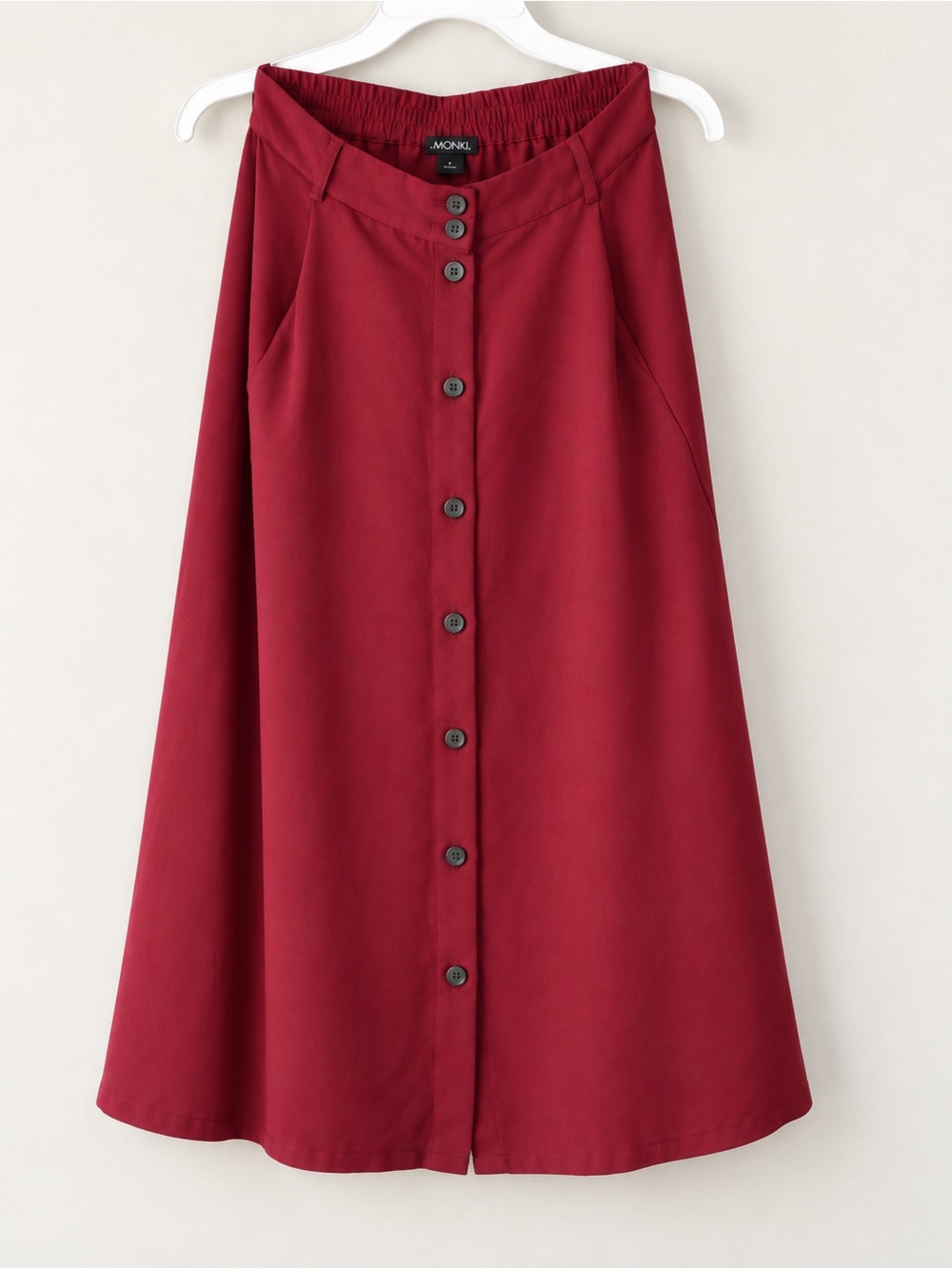 Button-Front A-Line Midi Skirt - Burgundy Monkl